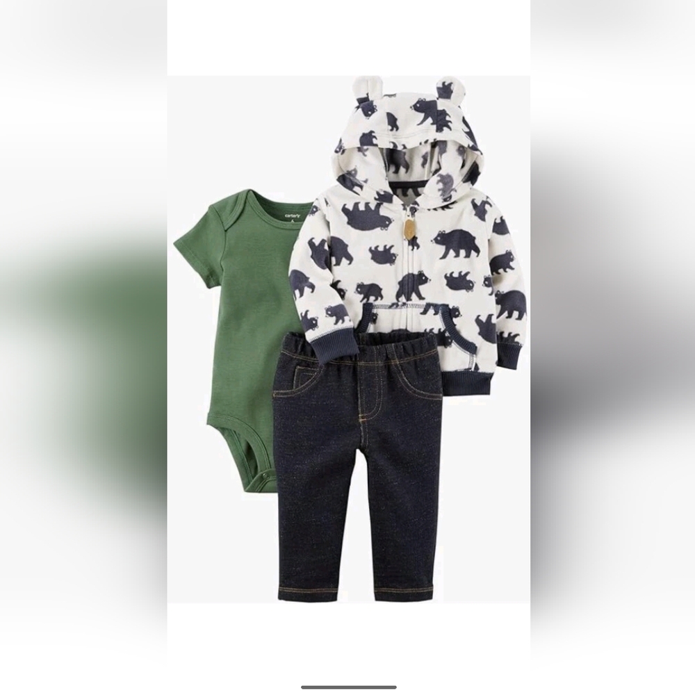 Bear Baby Boys 3 Piece Little Fleece Hoodie Zip up Jacket Set Bodysuit Trousers